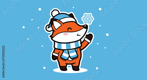 Cute fox wearing a hat and scarf smiles while catching a snowflake on a snowy blue winter day, creating a cheerful and festive atmosphere.
