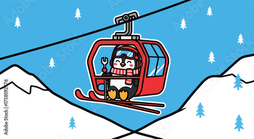 Penguin rides a ski lift over snowy mountains with christmas trees on a bright winter day, enjoying the festive season.