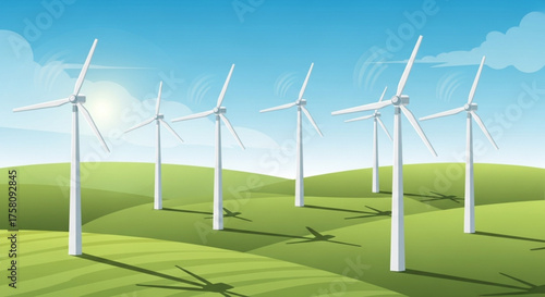 Vector illustration of wind turbines in a green field under a blue sky, symbolizing renewable energy and eco power generation.