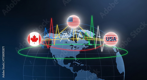 Global market analysis with canada, usa, and liberia on digital world map