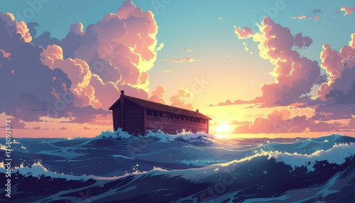 Biblical image of the deluge coming for noah's ark in the story from the bible.
