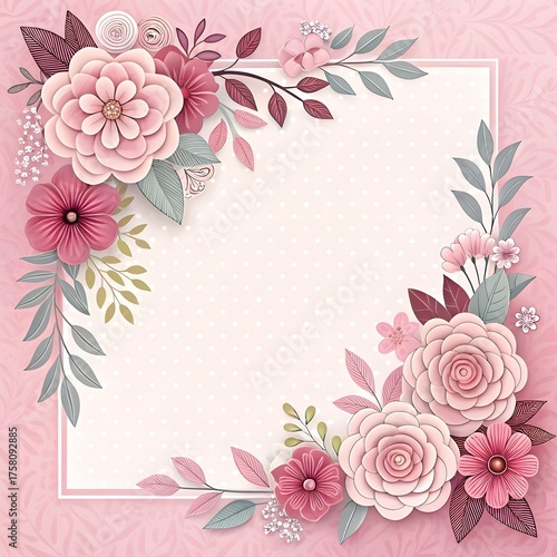 Pink rose frame for greeting card with flowers and floral decoration