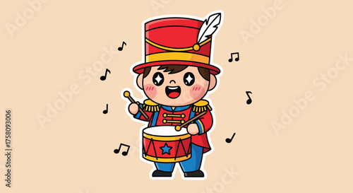 Happy toy soldier plays the drum with enthusiasm in a festive parade, bringing joy and rhythm to the celebration.