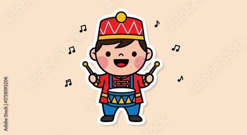 Toy soldier playing drum with drumsticks surrounded by musical notes on beige surface, creating a joyful and festive atmosphere.