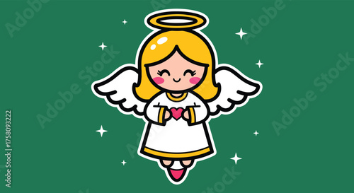 Cute angel holding heart floats gently against a green backdrop radiating love and serenity during the holiday season.