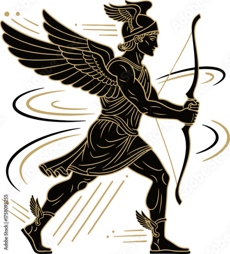 Stylized vector of Hermes in strong black and metallic gold lines