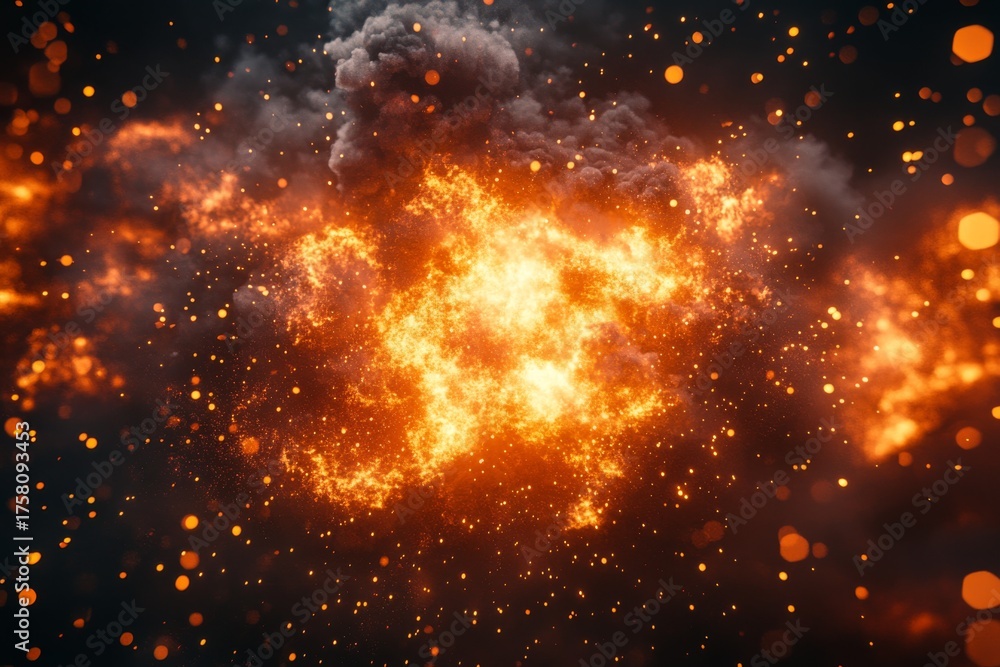 Fototapeta premium Bright orange explosion with smoke and glowing particles against a dark background