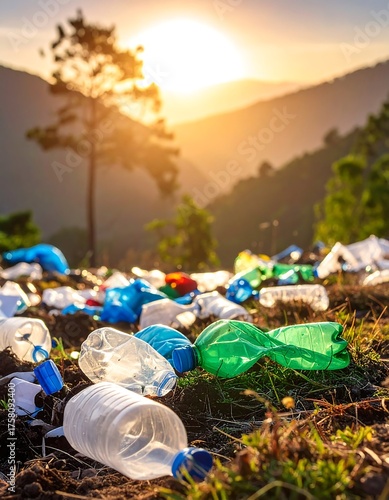 Plastic bottles litter a hillside, with mountains and sunset in the background