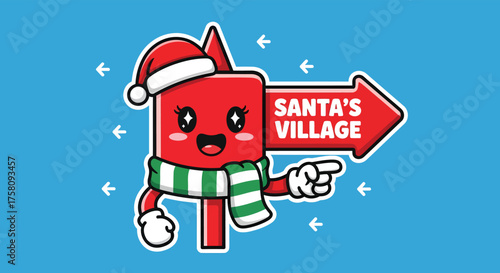 Cute cartoon sign points the way to Santa's village with a cheerful expression, wearing a festive scarf and hat on a bright blue winter day.
