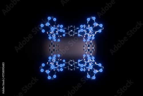 Tableau sur toile 3D render of MOF-5 metal–organic framework showing a cubic network of zinc clusters and organic linkers, illustrating porous nanomaterial
