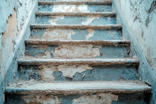 Weathered blue wooden stairs with peeling paint and dusty surfaces abstract texture