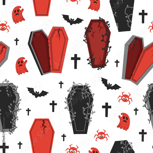 Spooky halloween coffins bats ghosts and spiders seamless pattern vector