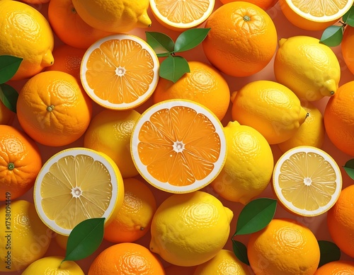 Overhead shot of oranges and lemons with green leaves scattered