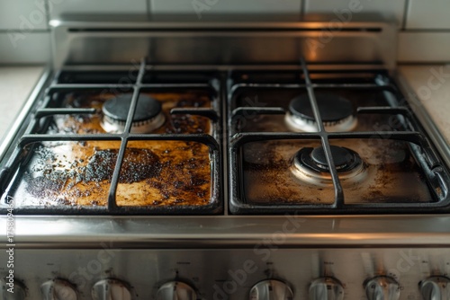 Close up of a stained and dirty gas stovetop with four burners and grates