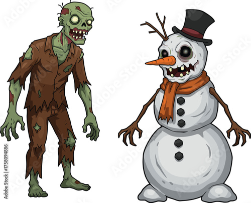Cartoon zombie and scary snowman character illustration for Halloween, horror winter theme, creepy undead creatures, spooky design, fantasy monster art