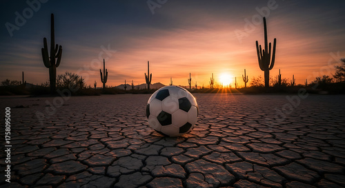 Soccer ball on cracked desert ground with cactus silhouettes at sunset time