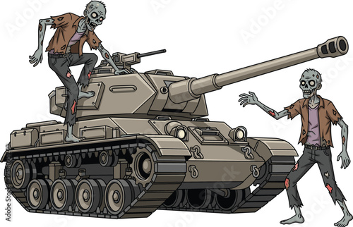 Creepy zombies with military tank illustration, horror apocalypse scene, undead soldiers attack concept, cartoon style design for Halloween and games