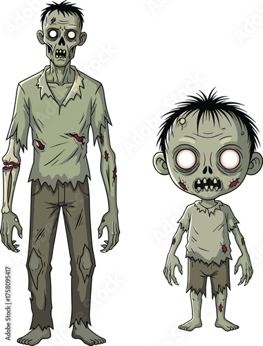 Creepy zombie man and child illustration, horror undead characters with pale skin, scary cartoon artwork for Halloween, apocalyptic monster design
