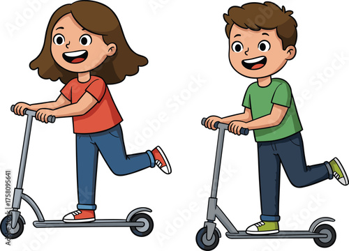 Happy kids riding scooters illustration, cartoon boy and girl playing outdoors, fun childhood activity, healthy lifestyle and outdoor recreation concept