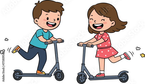 Happy kids riding scooters together outdoors, smiling boy and girl playing, fun childhood activity, outdoor recreation, friendship, and healthy lifestyle