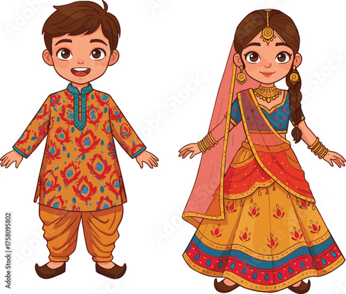 Indian traditional children wearing colorful ethnic attire, cultural celebration, festive clothing, traditional outfit, heritage fashion, joyful kids, beautiful Indian costume, happy style