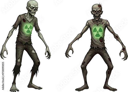 Radioactive zombies glowing with green toxic energy, horror illustration concept, apocalyptic mutant creatures for Halloween, scary undead monster art design