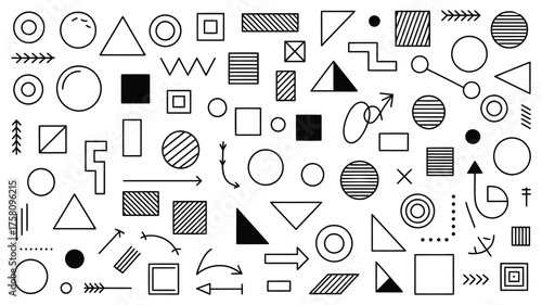 Geometric pattern with circles squares triangles and arrows in black and white simple graphic design silhouette