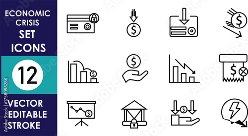 Set of 12 minimalist economic crisis vector icons showing falling graphs, declining money value, bank instability, financial loss, and market recession symbols with editable strokes