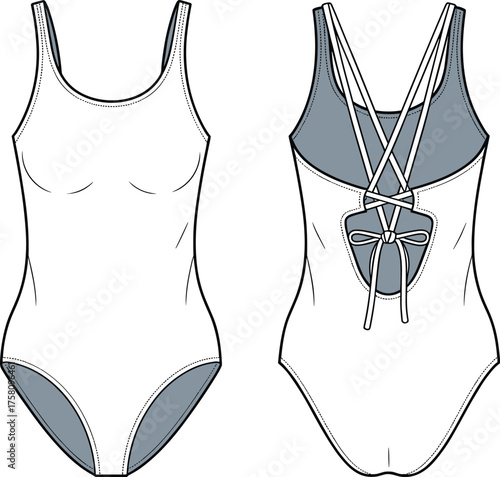 cad drawing flat vector illustration, one-piece swimsuit sketch, crisscross back design, scoop neckline, fashion template, garment construction