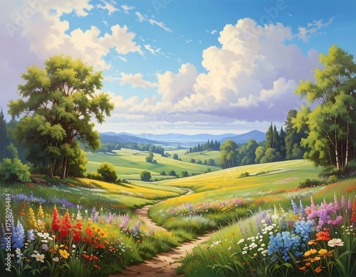 Pastoral landscape featuring a sunlit meadow, path, and rolling hills