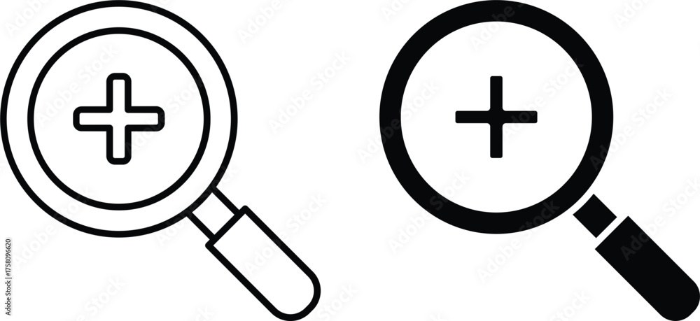 Fototapeta premium (Editable) Adobe Illustrator Artwork; Premium Quality Line Art and Silhouette (Pack) - Magnifying glass with plus signs to zoom in; shown in two styles