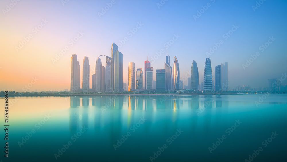 Fototapeta premium Majestic skyscrapers rise above the calm waters, reflecting the first light of dawn. The peaceful scene captures the beauty of urban architecture in a serene location