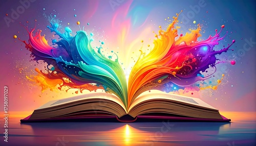 Open book exploding with vibrant rainbow colors and bright light