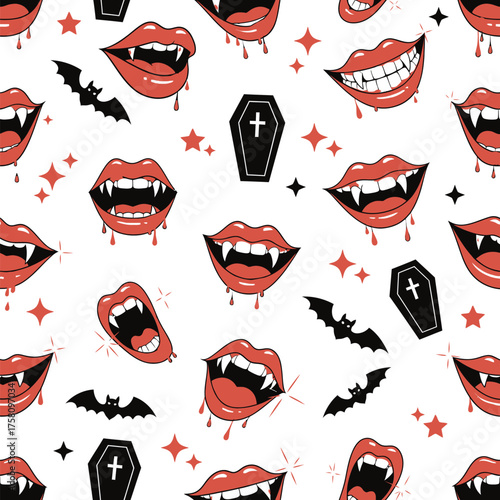 Spooky halloween vampire lips bats coffins and stars pattern vector