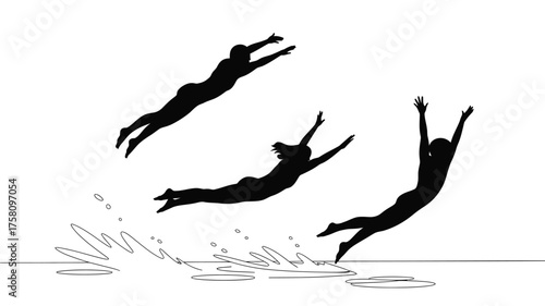 Silhouettes of people diving into water creating splashes in a black and white illustration art