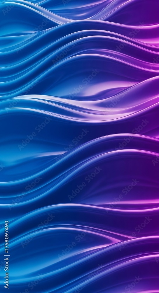 Fototapeta premium Abstract 3D fluid waves in blue and purple tones, glossy surface, Phone wallpaper