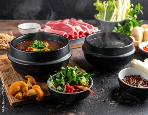 Prepared hot pot, ingredients, and simmering broth