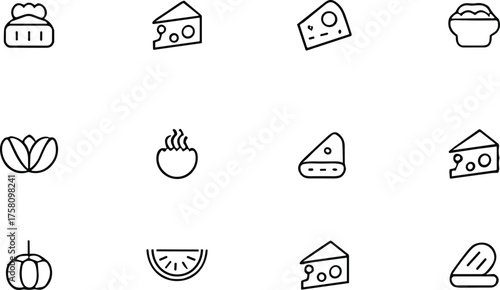 Food line icons, cheese, pie, pumpkin, citrus, soup bowl, garlic, clamshell, minimal outline, black and white, vector illustration set