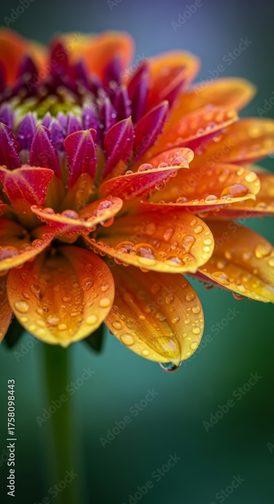 Fototapeta premium Macro photo of a colorful flower with water droplets, ultra-detailed, Phone wallpaper