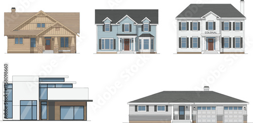 Architectural house styles illustration, Craftsman, Colonial, Georgian, Modern, Ranch, front elevation views, residential design, facade comparison, black and white