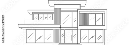 Modern two-story house drawing, architectural line art, flat roof, large windows, balcony, entrance steps, black and white, facade design