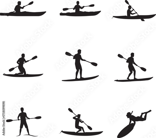 Kayak Canoeing Paddle Boarding Water Sports Silhouette Set Isolated On White