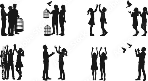 Bird and birdcage silhouette, freedom release, children reaching, symbolic gesture, black figure art, flying birds, emotional theme, nature interaction, unity concept