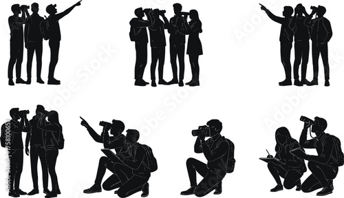 Birdwatching silhouette illustration, nature observation, binoculars and camera, outdoor research, teamwork activity, black figure art, wildlife study, field exploration, eco theme