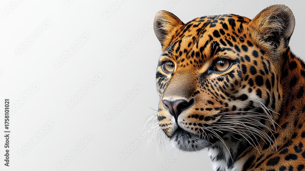 Obraz premium Close-up portrait of a majestic jaguar, showcasing its intricate spots and intense gaze against a soft, neutral background.
