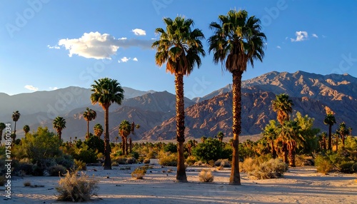 Palm Springs Oasis - Desert Landscape with Towering Palm Trees and Distant Mountains.