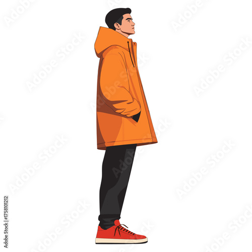 A young man in a burnt orange hooded parka illustration sneakers profile vector