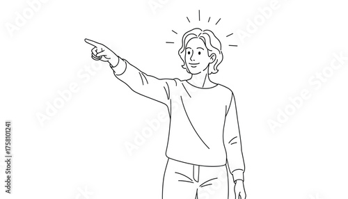 A smiling woman with short hair pointing to the left 