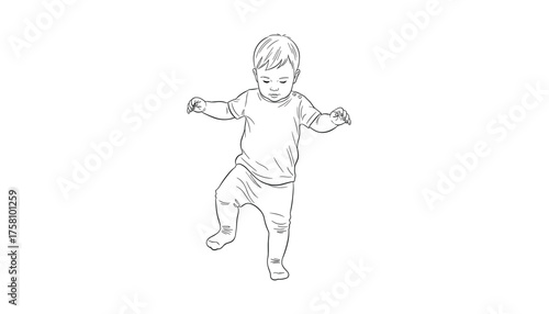 Line art illustration of a baby taking its first steps 