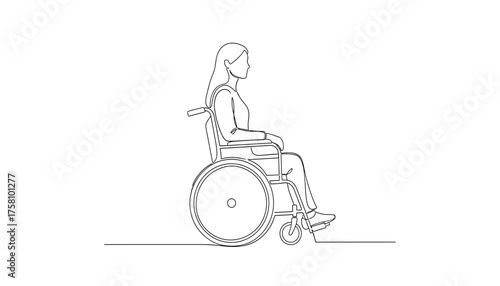 Continuous line drawing of a woman sitting in a wheelchair